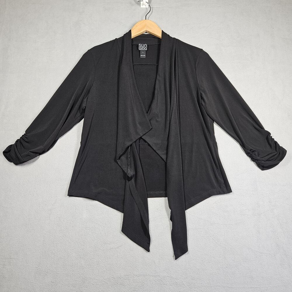 Clara Sun Woo Cardigan Womens Large Black Jersey Knit Waterfall Draped Ruched